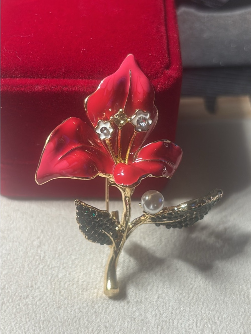 Red Floral Enamel & Gold-Tone Brooch with Pearl Accent